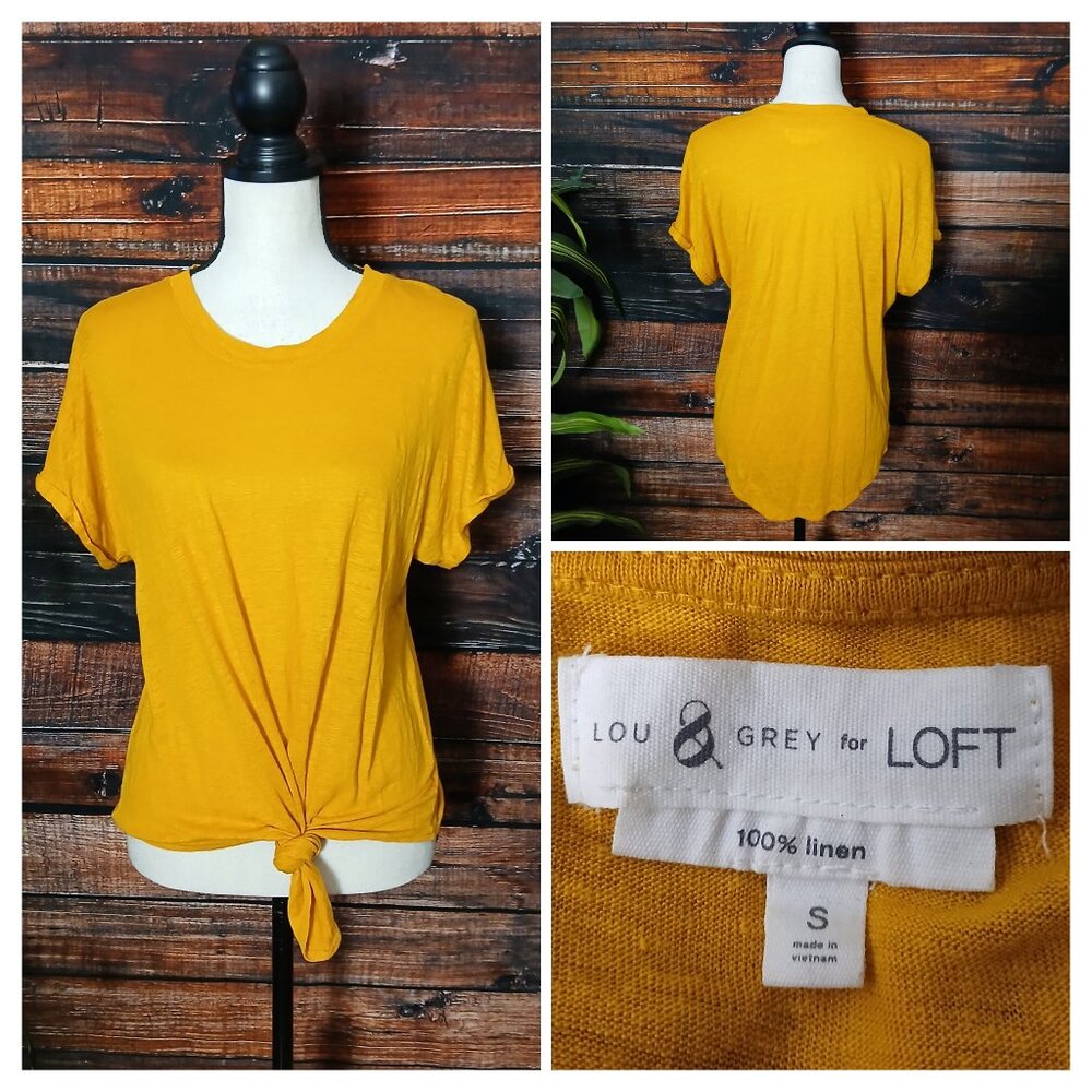 Lou & Grey For LOFT Top S 100% Linen Mustard Gold Optional Knot Front Tee
